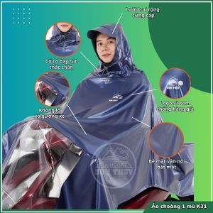 Áo mưa không lỗ xỏ gương K31 Sơn Thủy - Áo mưa 1 mũ nhựa kẻ PVC siêu dai chống thấm tuyệt đối.