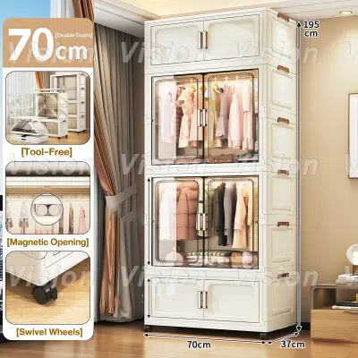 VISION Durabox Foldable Wardrobe Cabinet with Drawer and Wheels - White Large Capacity Storage for Clothes Easy to Install Home Organizer