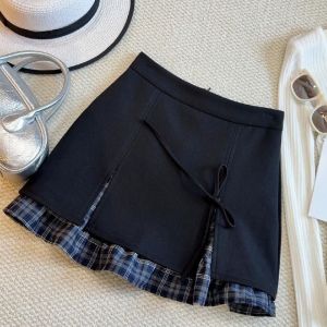 2026 Spring Summer Women Split Blazer Skirt Vintage Plaid Patchwork High Waist A-Line Mini Skirt Elegant Slim Fashion Skirt2026