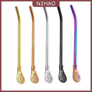 N2HAO  Đầy Màu sắc 304 thép không gỉ trà uống ống hút muỗng Yerba Mate bộ lọc trà tái sử dụng Kim Loại Nhà Bếp Thanh Trà Sữa khuấy muỗng