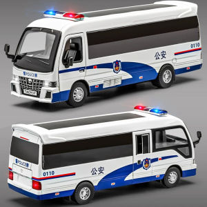 【RUM】1:32 Scale Toyota Coaster Police Bus Alloy Car Model Light & Sound Effect Diecast Car Toys for Boys Birthday Gift Kids Toys Car Collection