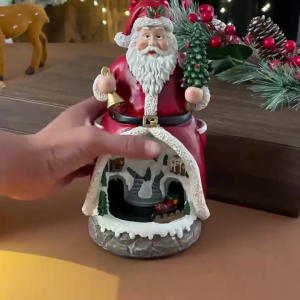 Christmas Cabin Music Box For Men Women Kids Birthday Christmas Present Rotating Train Resin Music Box With LED Light