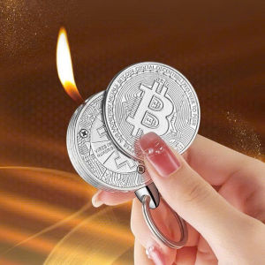 ( BUÔN BÁN SỈ ) Bật lửa hình đồng bitcon kim loại dập nổi 2 mặt kiêm móc khóa có 2 màu