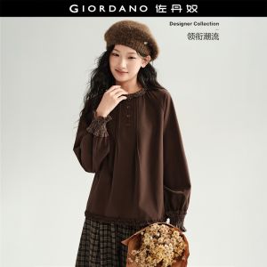 Giordano Women Contrast plaid ruffle trim raglan sleeve shirt Free Shipping 18346326