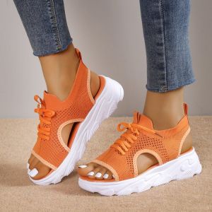 Free Shipping 42 Large-Size WomenS Summer Sports Sandals New Style Thick-Soled Breathable Knit Upper Soft Sole Casual Flat And Hollowed-Out Beach Sandals