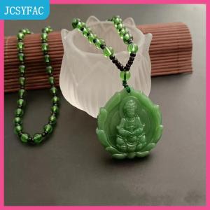JCSYFAC Trung Quốc Phong Cách Màu Xanh Lá Cây Ngọc Bích Tay Khắc Guanyin Ngọc Bích Mặt Dây Chuyền Vòng Cổ Phật Trang Trí Amulet Cho Phụ Nữ Người Đàn Ông May Mắn Đồ Trang Sức Quà Tặng