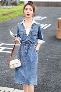 Fashion medium-sleeved shirt collar splicing denim dress womens new high-waisted and thin fake two-piece medium and long denim dress