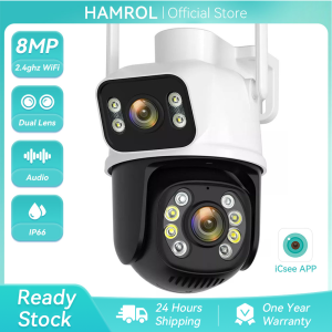 Hamrol 8MP 4K 2.4G&5GHz PTZ WiFi IP Camera Dual Lens Dual Screen Outdoor Waterproof Auto Tracking CCTV Security Camera Video Surveillance iCsee APP