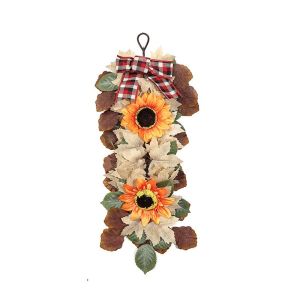 BEITE UV Resistant Autumn Sunflower Wall Hanging Rustic Real Touch Simulation Sunflower Decor Swag Floral Arrangement with Bow Maple Sunflower Bouquet Thanksgiving Entryway