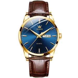 OLEVS 6898 Quartz Business Men Wristwatch Genuine Leather Band Waterproof Watches For Men Calendar Week Display