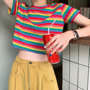 T-Shirt For Women Summer New Cotton Rainbow Striped T-Shirt Casual Slim Short Top