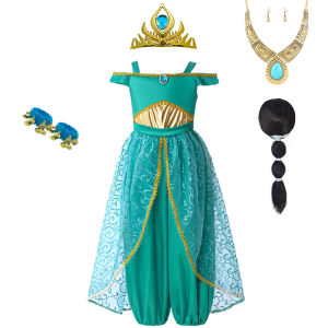 Disney Aladdin Jasmine Cosplay Dress Girl Childrens Day School Stage Performance Set Kids Green Sequin Tulle Princess Outfits