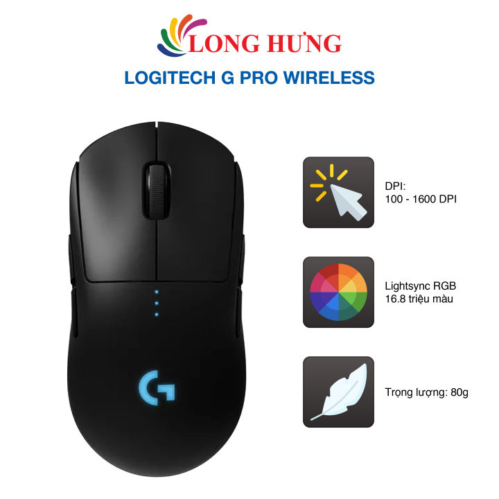 Chuột không dây Logitech G Pro Wireless - Hàng chính hãng - Công nghệ không dây Lightspeed có tốc độ 1ms, LED RGB 16.8 triệu màu, DPI tối đa 1600 DPI