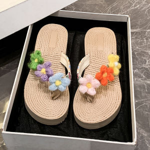Free Shipping Unique New Wedge Flip-Flops For Women Summer Fashion Straw-Woven Floral Thick-Soled Pastoral Vacation Beach Shoes