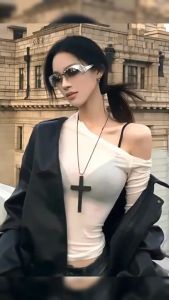 M.G.【Ready in Stock】 Black Wooden Cross Necklace Long T-shirt Chain Accessories Necklace Clavicle Chain Choker Jewelry
