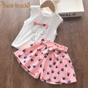 Bear Leader Girls Clothing Sets 2023 New Summer Sleeveless GIRL Pattern T-shirt + Print Bow Pants Kids Clothing Sets 2PCS For Baby Girl Kids Clothes Children Clothing For 3-7 Years