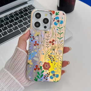 KISSCASE Plating Laser Flower Painted IMD Phone Case For iphone 15 14 13 Pro Max Colorful Matte INS Style PC+TPU Hard Anti-fall Shockproof Back Cover For iphone 15 14 13