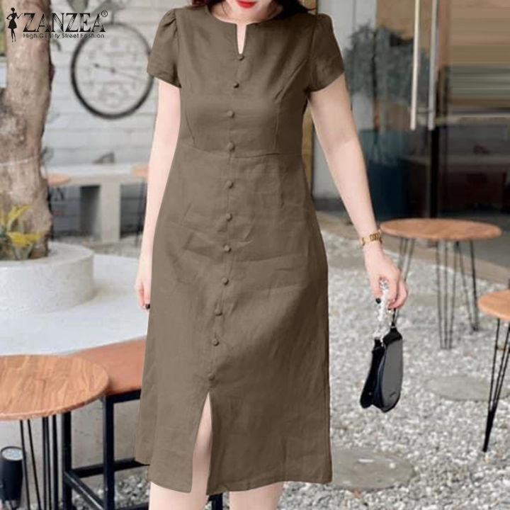 ZANZEA Korean Style Women s Dresses Vintage Front Split Solid O