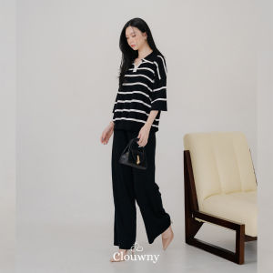 Clouwny Natasya Stripes One Set Top Pants Higwaist Premium Knit Wanita Casual Terbaru