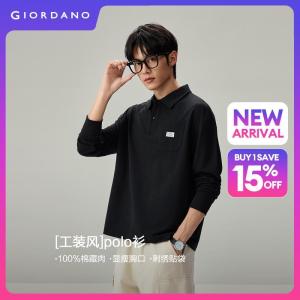Giordano Beau Monde Men Woven label pocket long sleeve cotton polo shirt Free Shipping 13016615