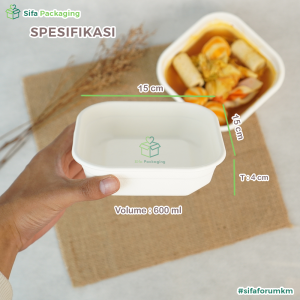 Bagasse Square Bowl + Tutup Wadah Makanan Warna Putih Kotak Takeway Makanan berkuah Wadah Kotak Dessert Kemasan Makanan Korea Jepang Ramah Lingkungan isi 25 pcs