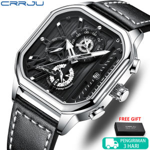 CRRJU Jam Tangan Pria Kasual Vintage Merek Desain Persegi Kulit Fashion Militer Olahraga Kuarsa Tahan Air 2302