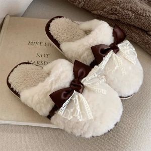 Free Shipping WomenS Cotton Slippers With Lace And Bow Winter Home Slippers Warm And Non-Slip Fluffy Thick-Soled WomenS Y62