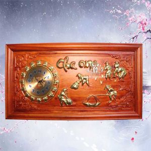 Tranh đồng hồ treo tường gỗ hương chữ Cha Mẹ cỡ 47x107cm