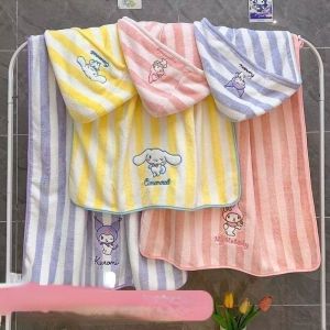 Sanrio Cute Cartoon Striped Bath Towel Kuromi Cinnamoroll My Melody Coral Plush Quick Drying Soft Large Bath Towel
