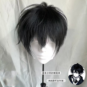 Wig mens short hair black universal cos short straight hair fashionable handsome Japanese layering m word bangs full head cover