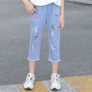 Quần Bò Mùa Hè 5-12 Tuổi Cho Trẻ Em Bé Gái Quần Mỏng In Hình Quần Ống Đứng Dài Đến Bắp Chân Mùa Xuân