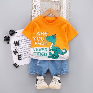 child Short sleeve shorts summer childrens clothing splicing Dinosaur fashion t shirt hole Denim shorts 2-piece set