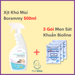 Giải Pháp Khử Mùi Cát Mèo 360 - Xịt Khử Mùi Cho Mèo Loại Tốt Borammy + 3 gói Men Khử Khuẩn Cát Mèo Bioline - PusSoul