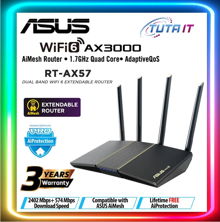 ASUS RT-AX57 WiFi 6 AX3000 Wireless Router with High Power Signal, Extendable Router