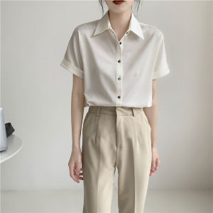 IELGY white satin short-sleeved chiffon shirt female polo professional temperament top