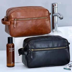 FLYING PU Leather Cosmetic Bag Large Capacity Waterproof Wash Toiletry Bag Bathroom Shaving Tools Organizer Bag Business Travel