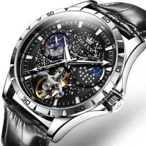 OLEVS 6689 Genuine Leather Band Automatic Mechanical Men Wristwatch Fashion Waterproof Watch For Men Moon Phase GMT