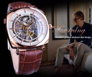 New Forsining Fashion Classic Golden Square Watch Luxury Hollow Mechanical Watch Waterproof Black Leather Mens Watch.mens Gifts