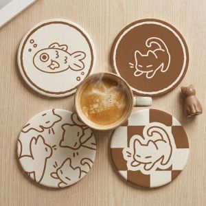 GAOSU Non-slip Cartoon Cat Cup Mat Round Heat Resistant Insulation Pad Cute Water-absorbing Cup Mat Home