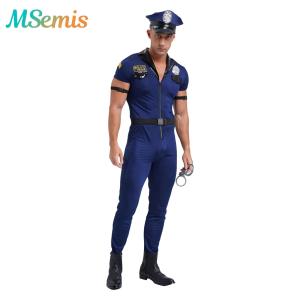Mens Police Uniform Cosplay Outfits 7-Piece Dirty Cop Officer Costumes Front Zipper Role Play Jumpsuit Hat Belt Manacles Badge2026