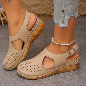 Free Shipping New Style Casual Sandals With Hollow Design Breathable Fabric Hook-And-Loop Straps Wedge Heel Open-Toe Design And Stitched Detailing