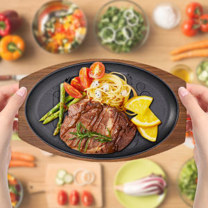 8/10/12 Inch Oval Sizzling Plate with Wooden Plate Non-Stick Grill Cookware Baking Tray