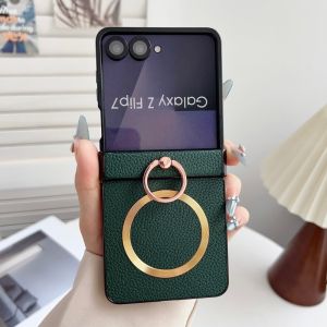 Magnetic ring phone case for Samsung Galaxy Z Flip 8 7 6 5 4 3 full-wrap hinge with litchi texture PU leather protective cover