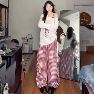 COD红色复古格子裤子女夏季宽松阔腿bf慵懒风高腰显瘦拖地直筒长裤子2026新品