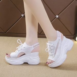WomenS Summer New Wedge Sandals With Thick Soles Breathable Mesh Lace-Up Peep-Toe Casual Sports Sandals Trendy
