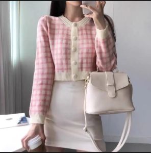Cardigan Crop Top Knit Korean Style Rajut Lengan Panjang Outer Atasan Wanita