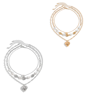 Stylish Faux Pearls Choker Necklace Set with Heart Charm Fashionable Womens Adjustable Neckchain for Ladies
