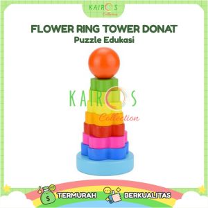 Mainan Anak Ring Donat Bunga Kayu Puzzle Kayu Rainbow Tower Menara Pelangi