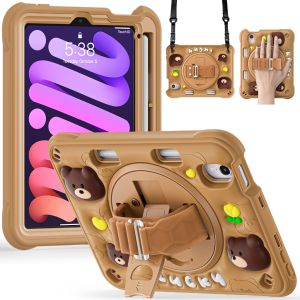 For iPad Mini 6 Mini 7 A17 Pro 2024 Soft Silicone Shockproof Heavy Duty Rugged Cartoon Kids Case With 360° Rotating Hand Ring Kickstand Holder Come With Shoulder Strap Compatible With iPad Mini 6 Mini 7