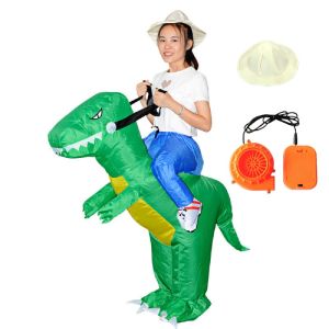 With Hat&Fan Dinosaur Costume Hot T-REX 3D Dinosaur Stand Riding Inflatable Halloween Dress Cosplay Suit Funny Birthday Party Jumpsuit Family Matching Outfits Halloween Costume for Men Woman